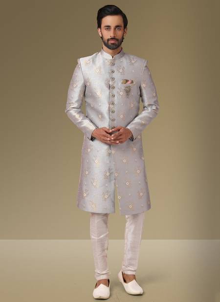 Gray Colour Exclusive Traditional Wear Jacquard Banarasi Brocade Indo Western Mens New Collection 1124